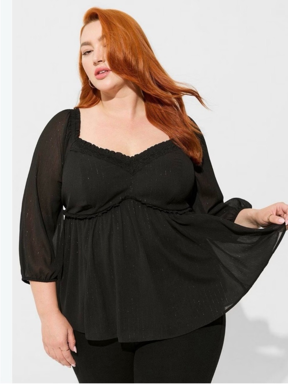 Torrid Black Babydoll Crinkle Chiffon Blouson Sleeve Top Size 4 Lace Blouse 4X